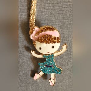 Girls' Gold-Tone Ballerina Pendant Necklace in Pink & Turquoise